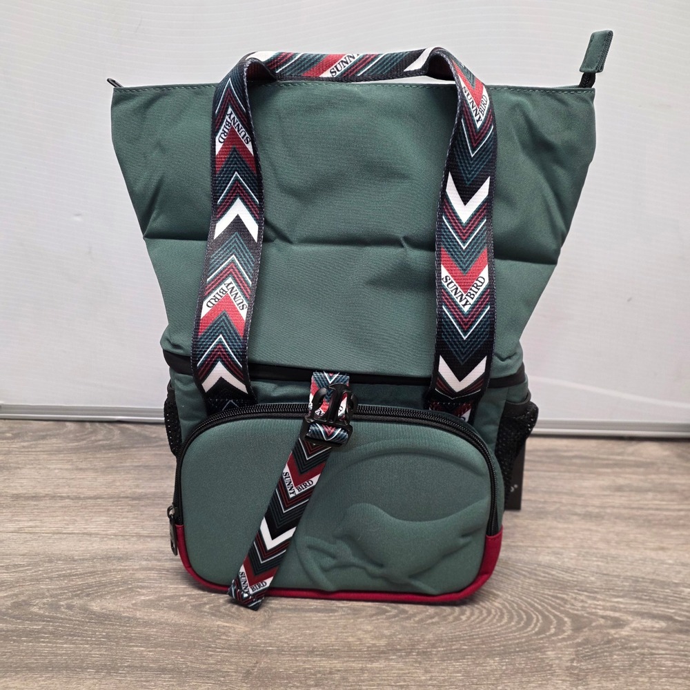Sunny Bird Insulated Lunch Bag Green Roll Top Expandable Cooler Chevron Straps